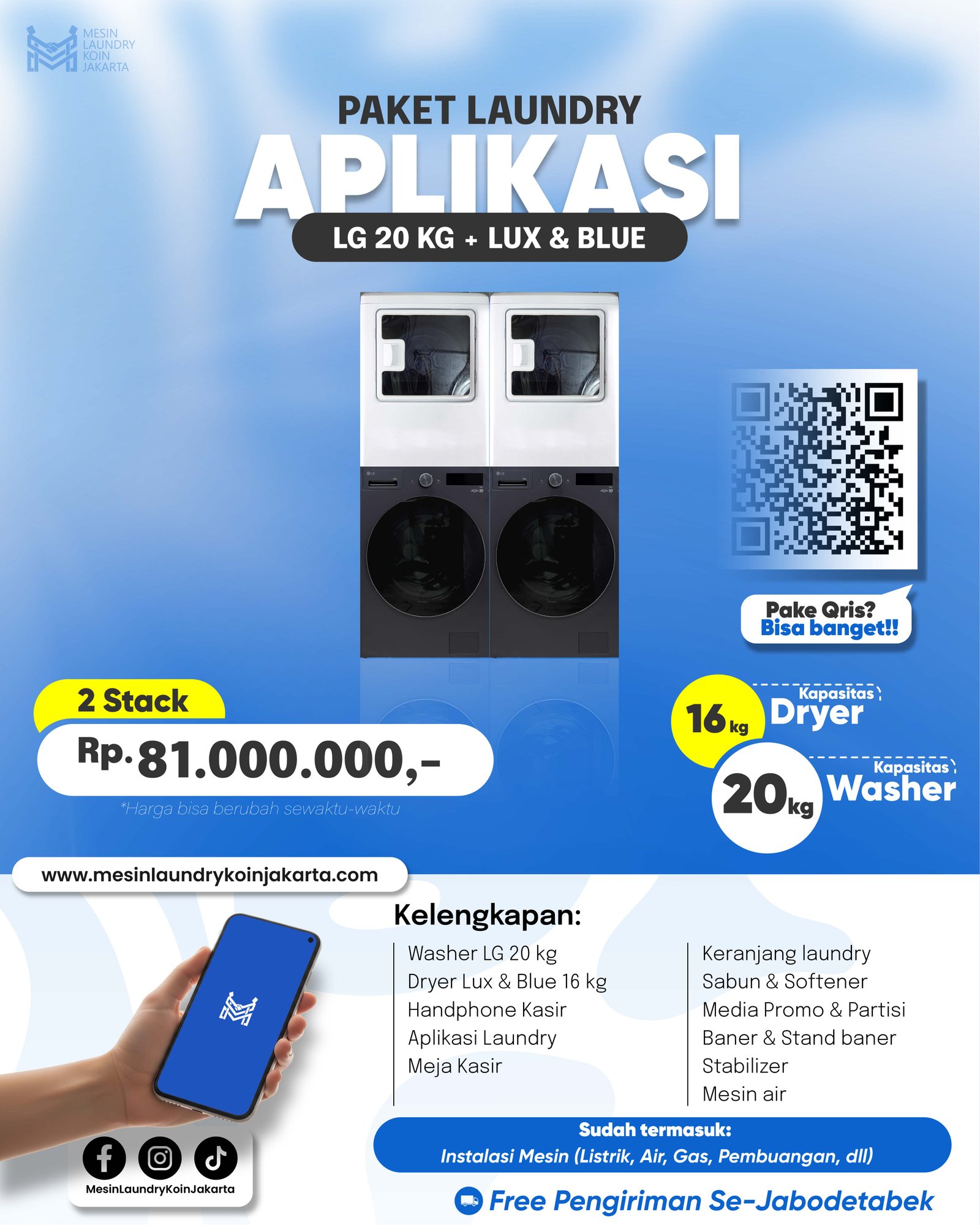 Paket Laundry Aplikasi 2 Stack — LG 20kg + Lux & Blue, Rp81.000.000