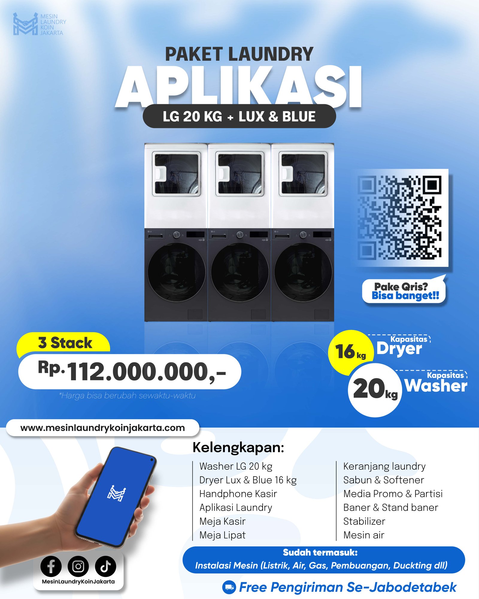 Paket Laundry Aplikasi 3 Stack — LG 20kg + Lux & Blue, Rp112.000.000