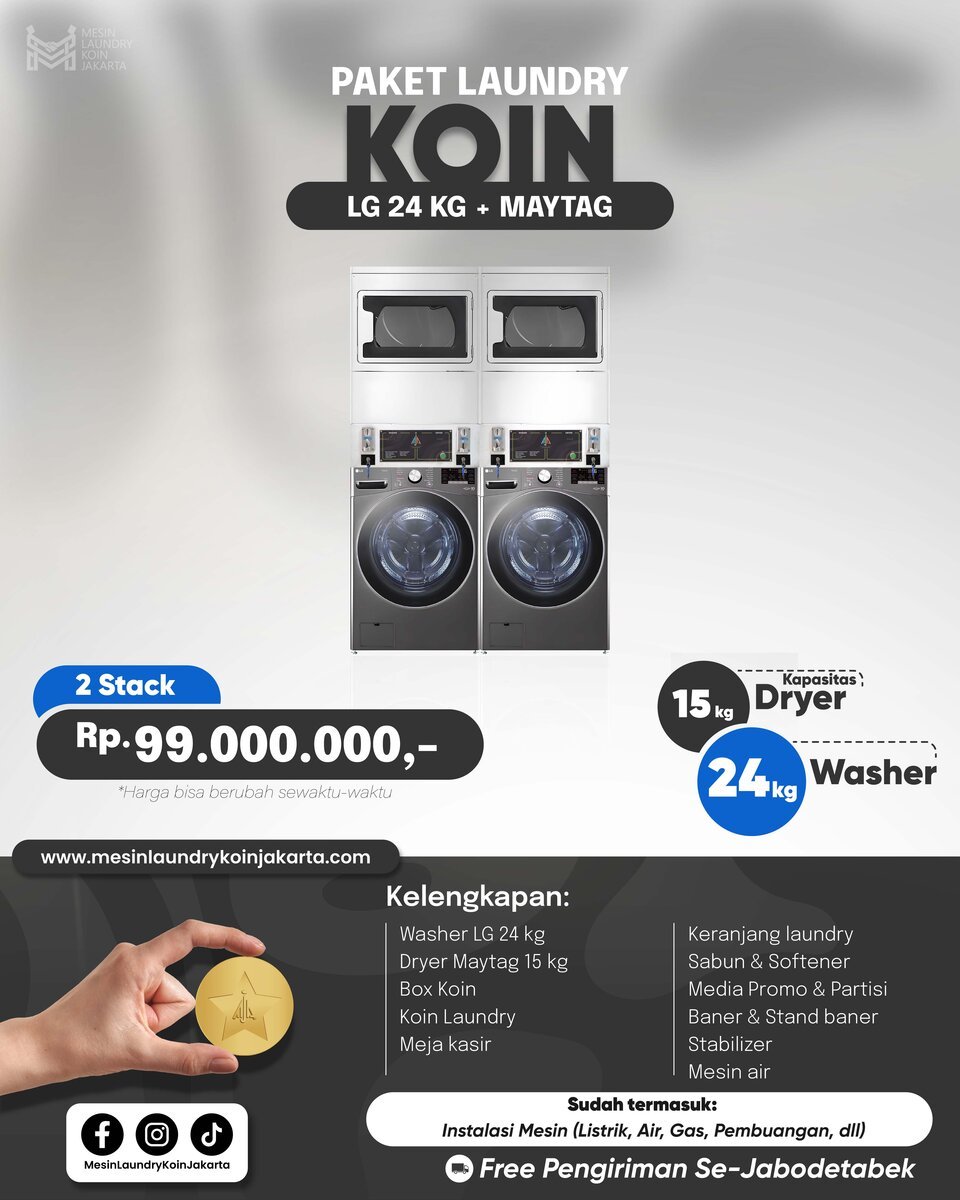 Paket Laundry Koin 2 Stack — LG 24kg + Maytag, Rp99.000.000